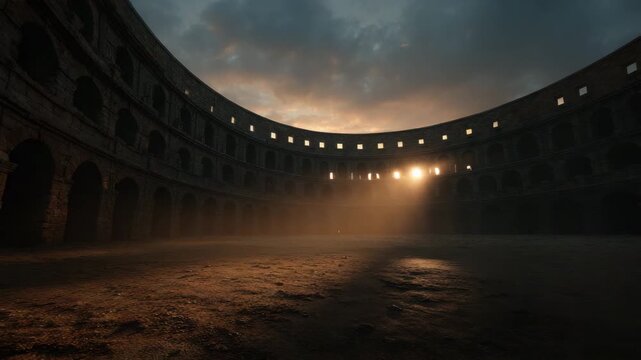 Ancient amphitheater architecture features dramatic sunlight beams shining through stone arches at dusk, creating historic arena with mysterious and atmospheric shadows inside ancient stone structure