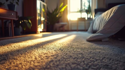 A photo of a freshly vacuumed carpet in a bedroom