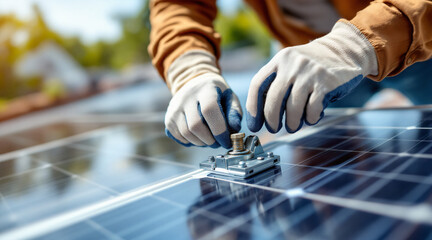 Skilled Worker Installing Solar Panel Bracket with Gloves on Bright Sunny Day