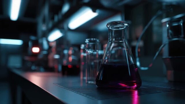 Laboratory glassware with purple liquid and chemical flask on dark metal table in science experiment research lab with blurred background modern chemistry test tube equipment
