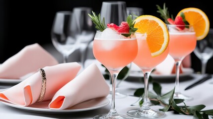 Elegant Pink Cocktails at Formal Table Setting: Refreshing Drinks with Orange and Raspberry Garnish, Perfect for Celebrations and Events