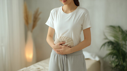 女性が穏やかな院内の一角で腹部に湯たんぽを当て両手で抱え温める、日本人