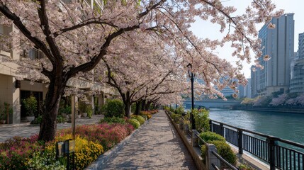 cherry blossom trees. pink petals. Riverside. flowers and plants