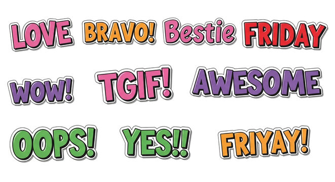 Pop Art Style Words LOVE BRAVO Bestie FRIDAY WOW TGIF AWESOME OOPS YES FRIYAY | Fun Expressions for Social Media, Scrapbooking and Positive Reinforcement Designs