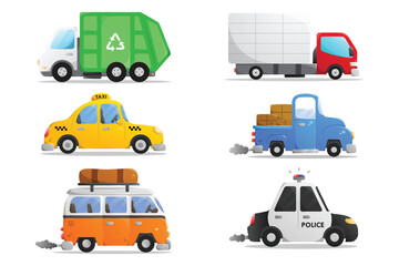 City transport passenger vehicles. Side view flat cartoon cars set. taxi, police car, garbage truck, Lorry van with box, vintage van. Colorful automobiles Collection.