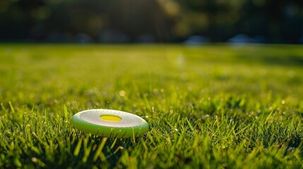 A photo of a frisbee resting on green grass.