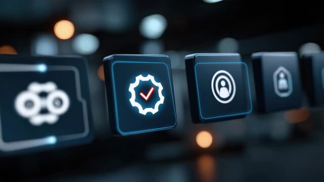 Futuristic digital interface glowing icons technology user profile gear check mark security settings protection control system cybersecurity data network software access privacy safety design - Powered by Adobe