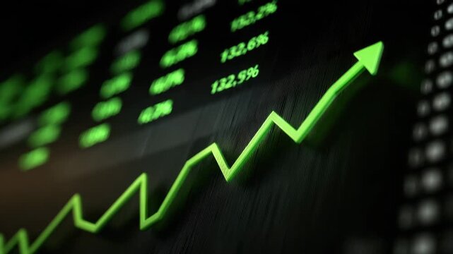 Stock market chart with green upward arrow showing financial growth and positive investment trend on digital display business data analysis for market success and economic progress - Powered by Adobe