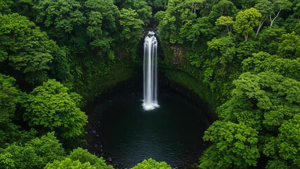 Aerial view of a tall waterfall cascading into a dark pool surrounded by lush jungle - Powered by Adobe
