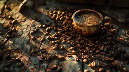 A photo of a coffee cup surrounded by roasted