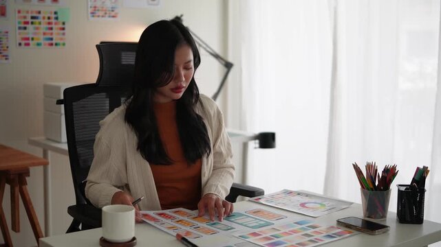 Focused female UX UI designer sketching wireframes and user interface layouts on paper at a creative workspace.