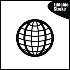 Clean, editable stroke globe or internet icon in a solid black style. Essential for website access, international business, network applications, and digital projects.