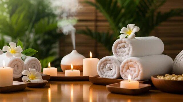 Relaxing spa treatment setting with candles, towels, and aromatherapy diffuser