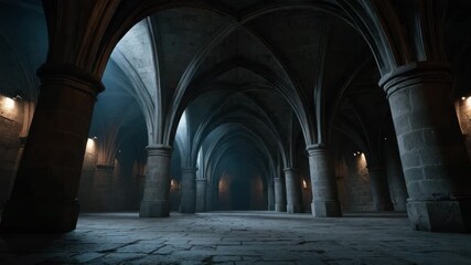 Gothic architecture featuring stone vaulted ceiling with arches and columns in dim light ancient crypt and medieval dark corridor with stone floor and dramatic atmosphere - Powered by Adobe