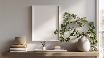 塗装ホワイト額縁とポトスを明るい灰色壁と小物で軽やかに演出
