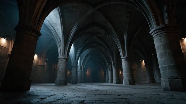 Gothic architecture featuring stone vaulted ceiling with arches and columns in dim light ancient crypt and medieval dark corridor with stone floor and dramatic atmosphere
