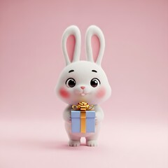 Adorable bunny holding a gift box with golden ribbon on pink background offers heartwarming charm, perfect for celebrating joyous occasions