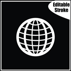 Clean, editable stroke globe or internet icon in white outline on a black background. Ideal for dark mode interfaces, website links, and technology app navigation.