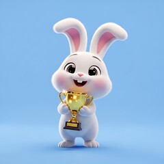 Adorable bunny celebrates victory, holding a shiny gold trophy against a serene blue backdrop, perfect for children's stories and playful designs