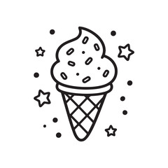 Bold and Easy Ice Cream Cone Line Art with Sprinkles and Stars. 