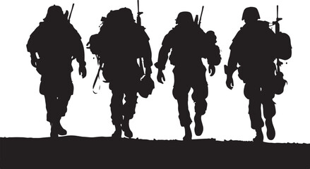 Four soldiers walking in silhouette isolated on white background