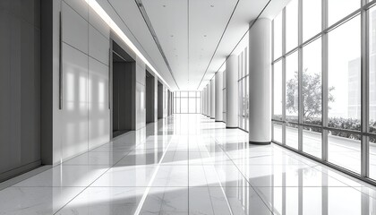 Modern office hallway featuring sleek design, bright lighting, and large windows with greenery outside