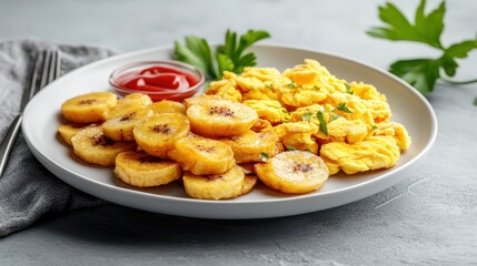 Fried Plantains and Scrambled Eggs on Plate, Caribbean Breakfast, Savory Meal, Tropical Cuisine, Delicious, Healthy, Food Photography, Ketchup