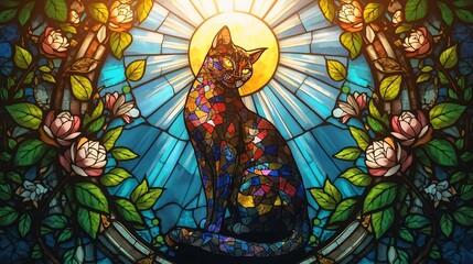Obraz premium Artistic stained glass window depicting a colorful cat with a radiant halo and vibrant floral background in blue and gold tones.