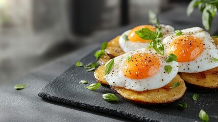 Gourmet Breakfast: Fried Eggs on Potato Pancakes Garnished with Fresh Basil and Sea Salt Served on a Slate Plate in Natural Light