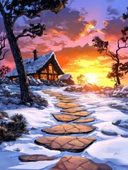 Cozy Cabin in a Winter Wonderland Sunset