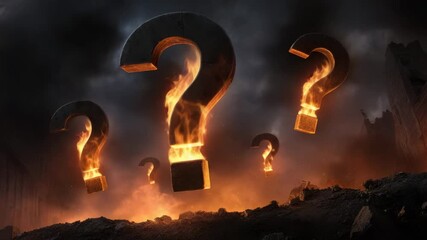 Burning question mark fire dark smoke mystery glowing night flame confusion symbol dramatic sky orange black ash heat cloud fiery glow intense atmosphere rocky ground lighting uncertainty concept - Powered by Adobe