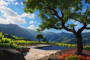Stunning vineyard landscape at sunrise with lush greenery and mountains in the background
