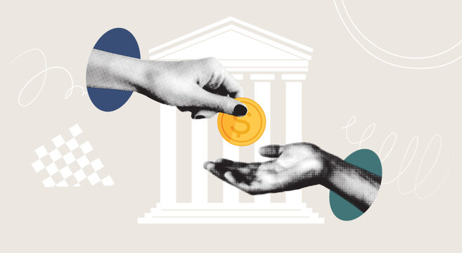 Hands giving and taking money in front of a bank building. A modern vector collage with trendy halftone elements. Finance, banking, and investment concept for design and print