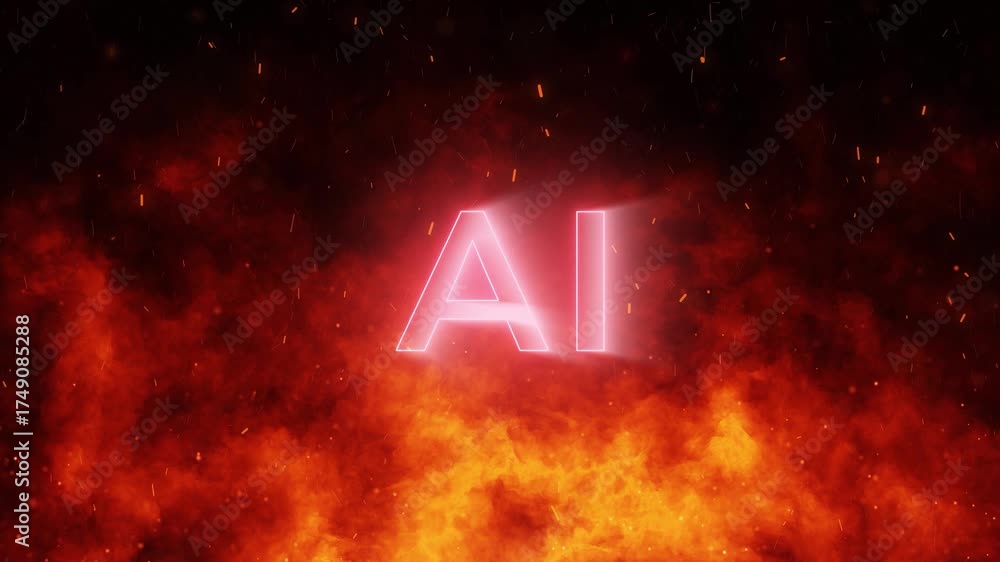 Wall mural ai artificial intelligence caption on fire and smoke effects with sparks loop animation background.