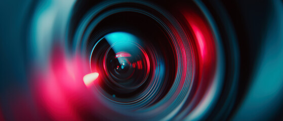 Stock Image Attributor said:

Close-up of a camera lens with colorful reflections. The image shows concentric glass elements illuminated by red and blue light in a dark setting