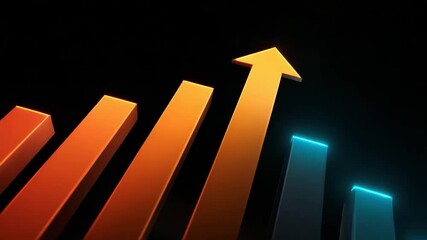 Glowing orange arrow graph showing growth success progress business finance chart increase with dynamic lighting effect and 3D blue bars on dark background symbolizing optimistic progress - Powered by Adobe