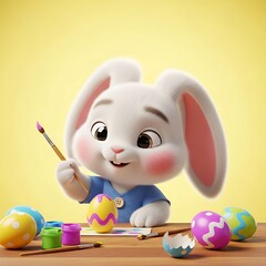 Adorable bunny cheerfully painting Easter eggs in vibrant pastel colors, perfect for spring celebrations and family fun, adding a touch of whimsy to your designs