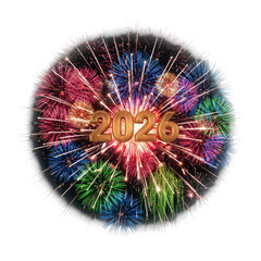 Golden 2020 text within colorful fireworks display isolated on transparent background