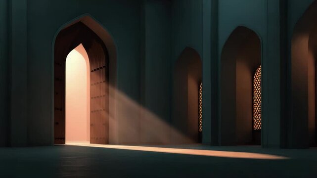 Open arched door with sunlight beam streaming into dark interior space featuring glowing light patterns and intricate architecture creating warm shadow and peaceful atmosphere