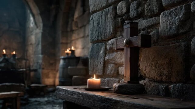 Wooden cross candle stone wall medieval room dim light atmosphere spiritual faith symbol religious worship ancient architecture and wooden cross burning candle rustic wooden table inside old stone