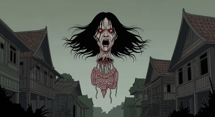 Dark Fantasy Icon Unique vector asset of a mystical, monstrous head with glowing orange eyes and detailed ornaments. An intense focal point for dark-themed graphics.