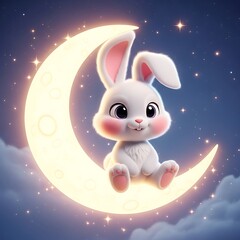 Adorable bunny sits on glowing crescent moon amidst a starry night sky, spreading joy and wonder, perfect for children's books and whimsical designs