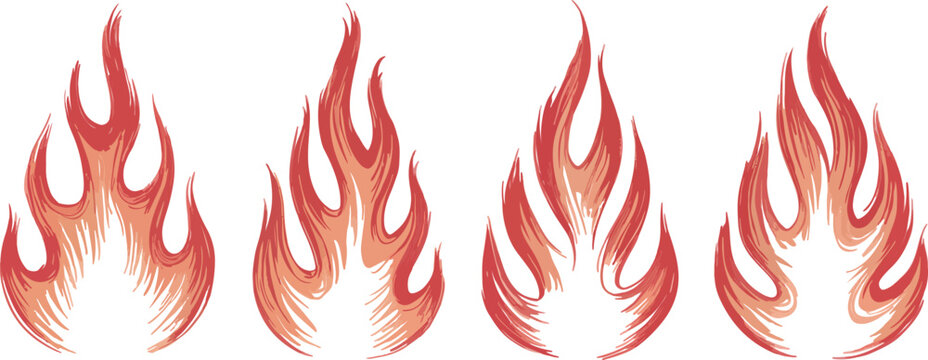 A collection of stylized flame illustrations with intricate line work, , showcasing various fire designs and artistic interpretations of burning fire