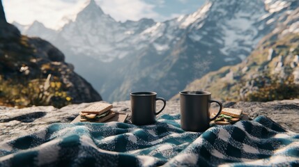 Mountaintop picnic with coffee and sandwiches