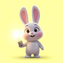 Adorable bunny holding a bright idea lightbulb against a cheerful yellow background, perfect for creative projects and Easter themed designs