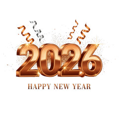 Golden 2026 happy new year text with confetti isolated on transparent background