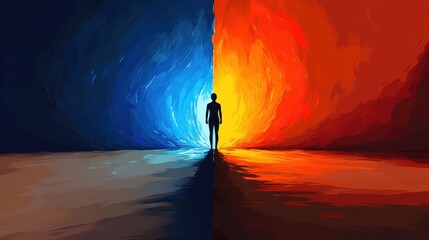 Silhouette figure between fire and ice