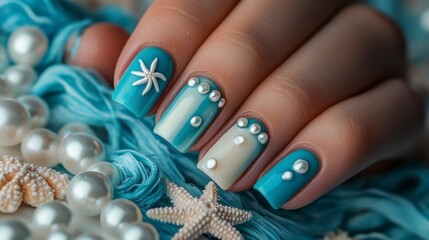 Ocean-inspired nail art with pearls and starfish