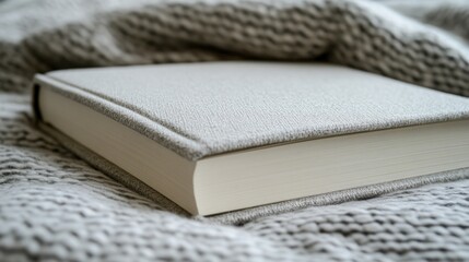 Beige book resting on a knitted blanket