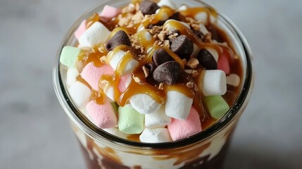 Decadent layered hot chocolate drink topped with marshmallows, chocolate chips, and caramel